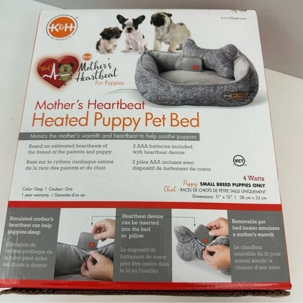 K&H Mother's Heartbeat Grey Heated Puppy Pet Bed Dog Animal Comfy Sleep Nap